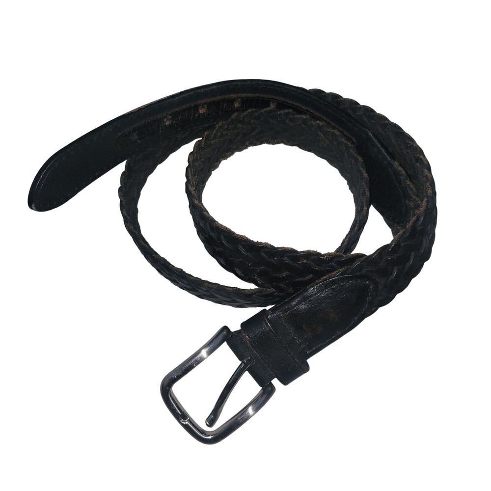 AAE Mens Black 100 Percent Genuine‎ Leather Woven Braided Belt Silver Buckle